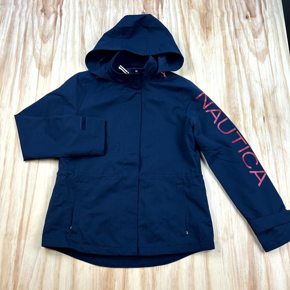 Nautica Rain Jacket Women's M Navy Blue Snap Button‎ Windbreaker Hooded Outdoor